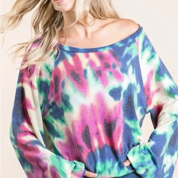 BiBi Tie Dye Print Terry Top with Puff Sleeves - Picture 10 of 10